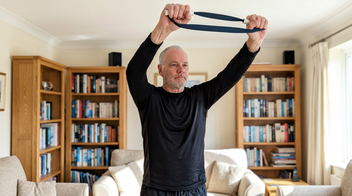 Van, founder of ShoulderBack Pro, reaching the trainer overhead with both arms