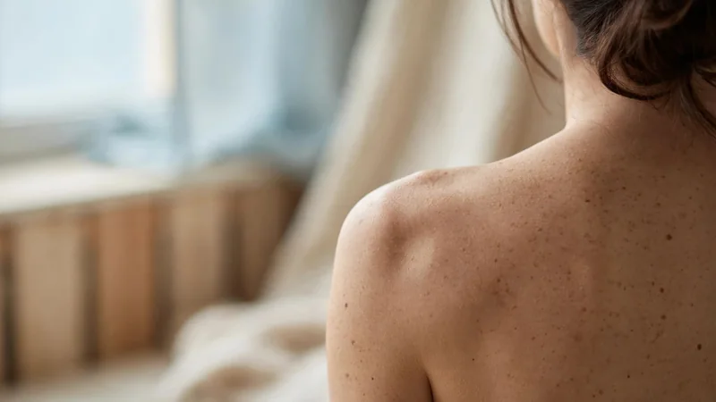 Close-up of a person's bare upper back and shoulder in soft window light, showing the shoulder blade.