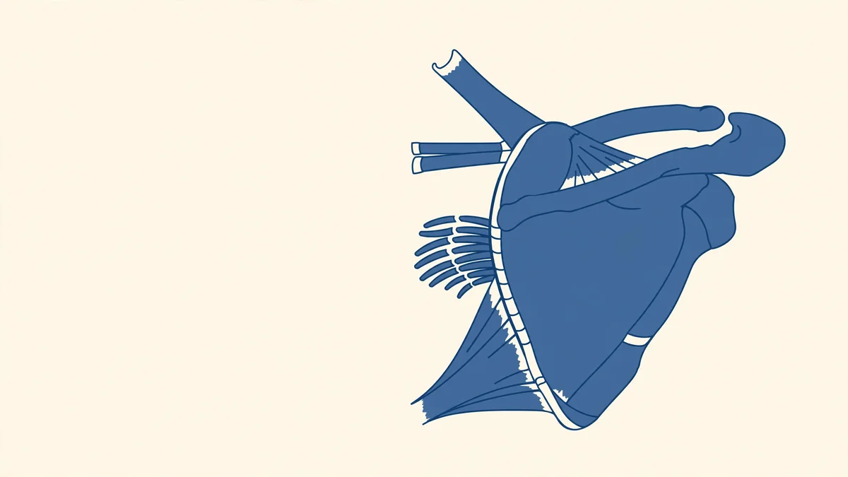 A flat slate-blue illustration on cream showing the shoulder blade from behind with the collarbone above it and the muscles attaching along its edges.