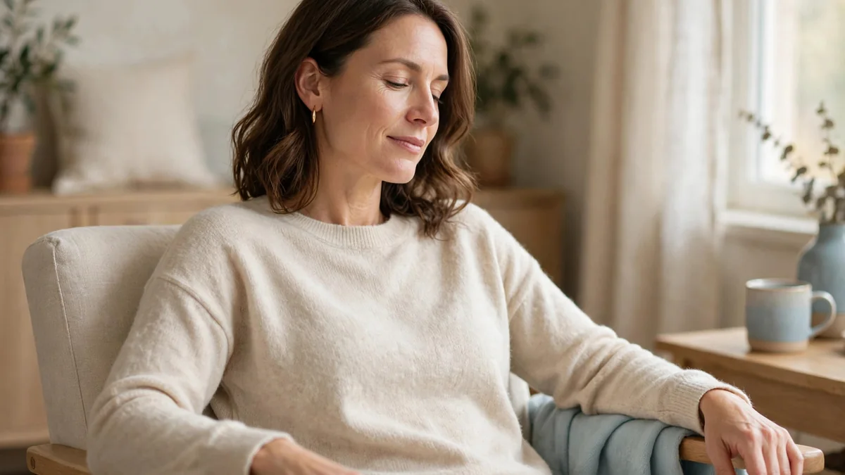 A woman rests calmly in an armchair by a bright window, empty hands, warm cream tones with a sky-blue throw.