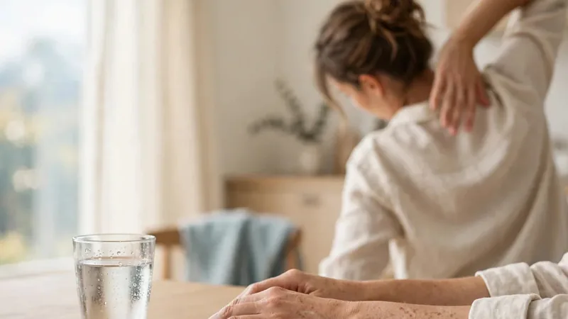 A seated adult's hands resting on a wooden table beside a glass of water, soft window light
