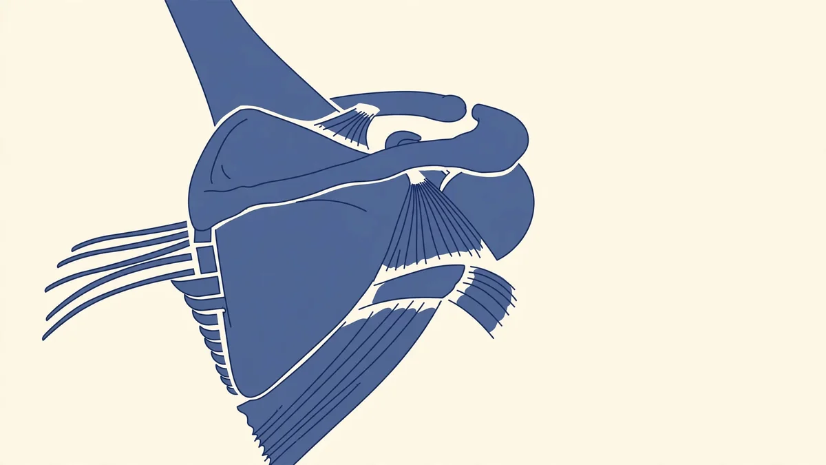 A flat slate-blue illustration on cream showing the shoulder blade with the collarbone and the muscles that attach to it.