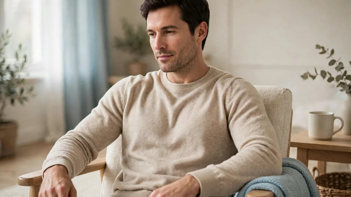 A man sits relaxed in an armchair in a sunlit living room, hands empty on the armrests, neutral sweater and soft daylight.