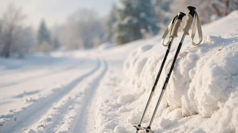 Two ski poles leaning against a snowbank in bright winter light, with a trail of tracks in the snow behind them