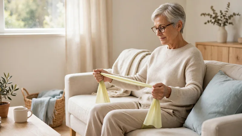 An older adult seated in a sunlit living room doing a gentle arm movement with a light resistance band across the lap