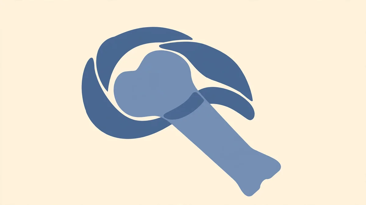 A flat slate-blue illustration on cream showing the rounded head of the upper arm bone with four curved muscle shapes wrapping around it.