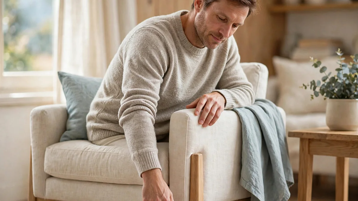 A man leans easily on the arm of an armchair, one natural hand on the armrest, calm home interior with sky-blue accents.