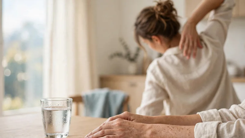 A pair of hands gently resting on a wooden table next to a simple glass of water, morning light coming through a window