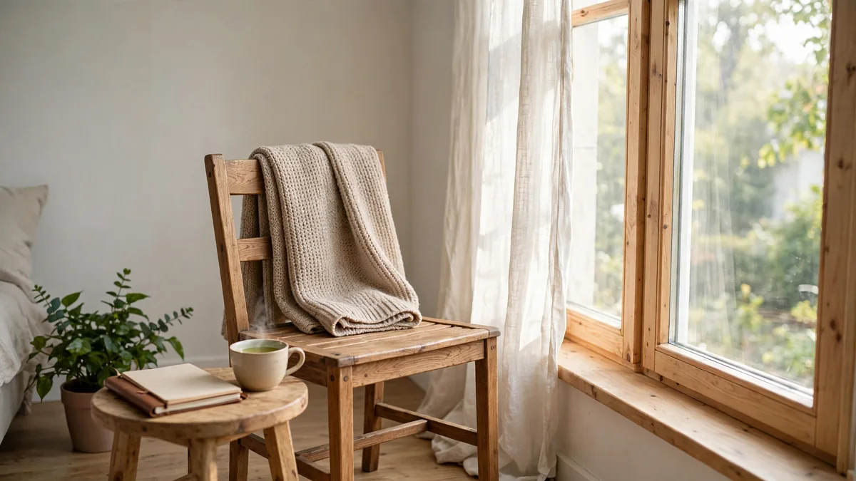 A simple wooden chair beside a window with a folded blanket over its back and a small notebook on a side table