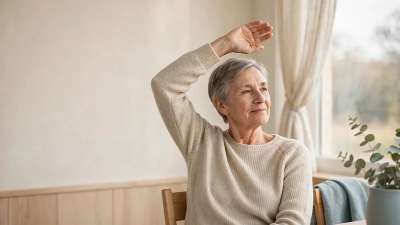 An older adult seated by a window lifting one arm slowly to shoulder height, relaxed posture, soft daylight