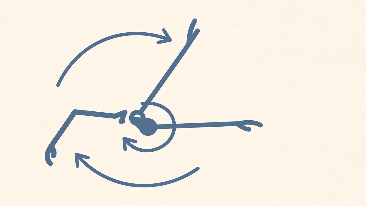 A flat slate-blue line illustration on cream showing an arm pivoting at the shoulder joint with curved arrows tracing its overhead, forward and rotational range of motion.