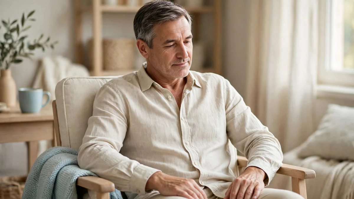 An older man sits comfortably in an armchair, hands resting empty in his lap, a sky-blue mug on the side table.