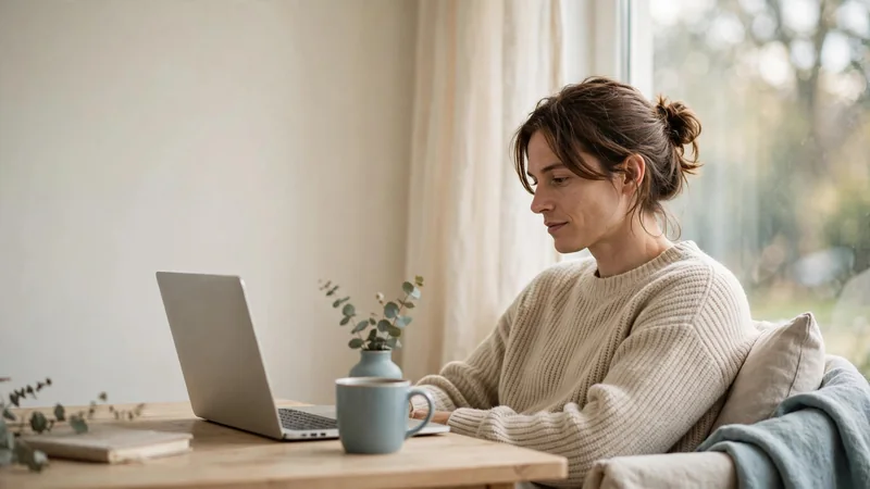 A person seated at a desk near a window, sitting comfortably with relaxed shoulders and a laptop at eye level