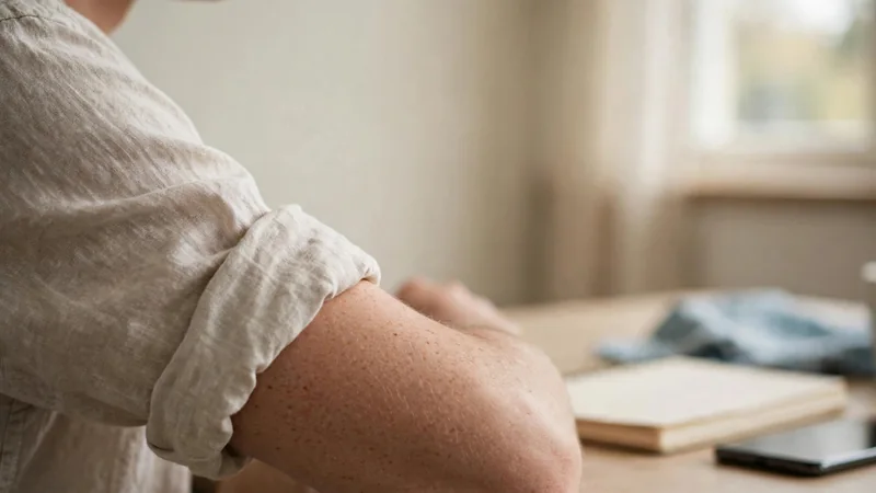 A close-up of a person's shoulder and upper arm in a soft-light room, with a relaxed, neutral posture