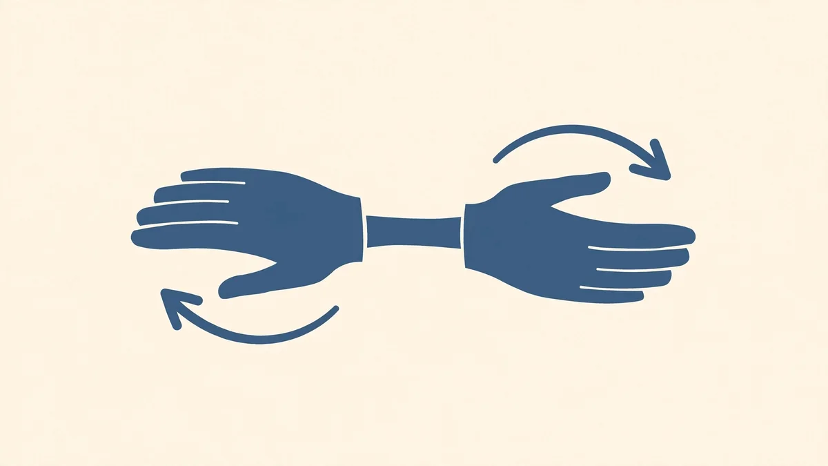 A flat slate-blue illustration on cream showing two hands joined by a short strap between them, with curved arrows showing the hands working in opposite directions.