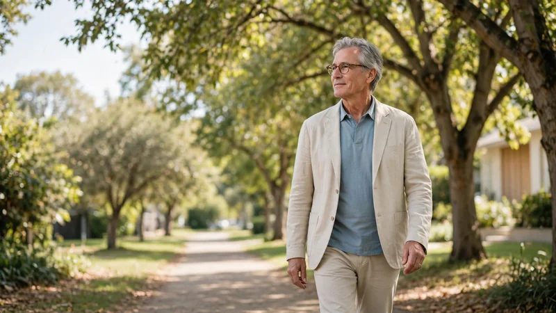 A relaxed older adult walking along a tree-lined path on a sunny day, with a gentle, upright stride