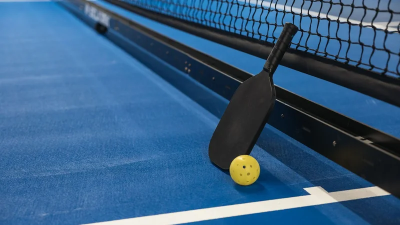 Two people in a bright outdoor setting with a pickleball net, paddles resting at the side of the court