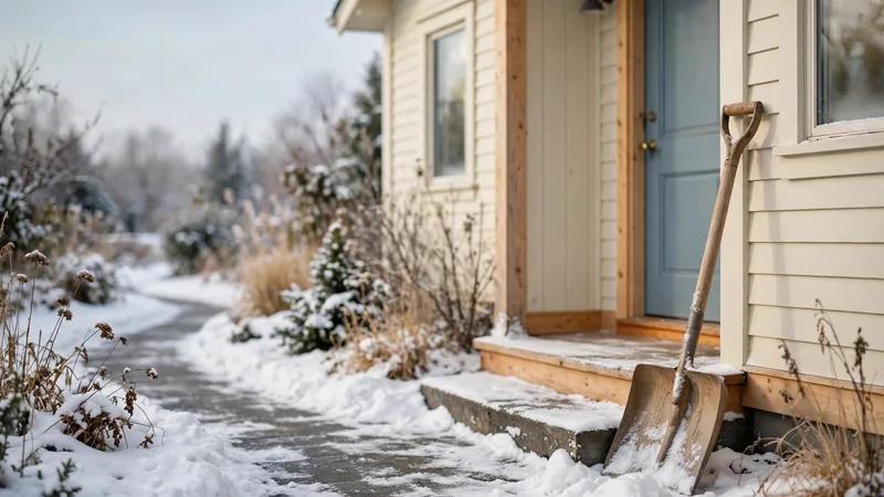 A snow shovel leaning against a snowy front step beside a shoveled path, in soft winter daylight