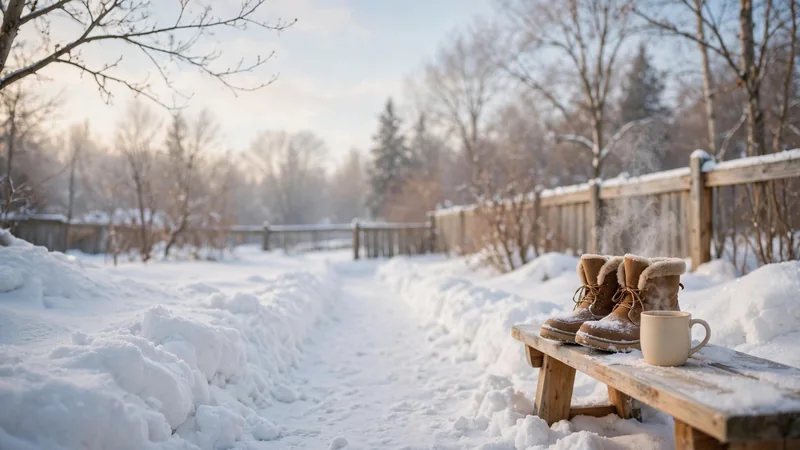 A snowy backyard with a path swept clear, a pair of winter boots and a warm mug on a bench, in soft morning light