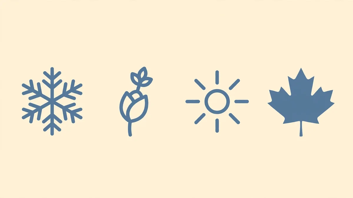 A flat slate-blue illustration on cream showing four simple icons in a row: a snowflake, a leaf bud, a sun and a maple leaf.