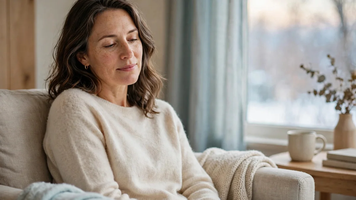 A woman relaxes in an armchair beside a wintry window, a soft blanket over her lap, warm neutral interior.