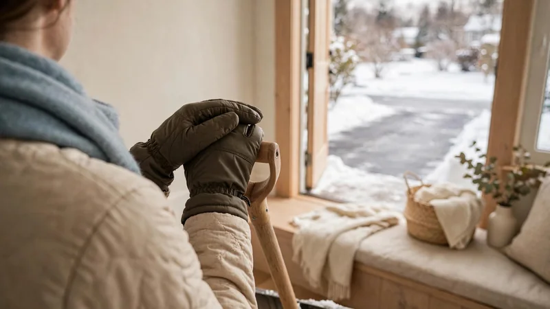 A person's gloved hands resting on the handle of a snow shovel beside a neatly cleared driveway in winter