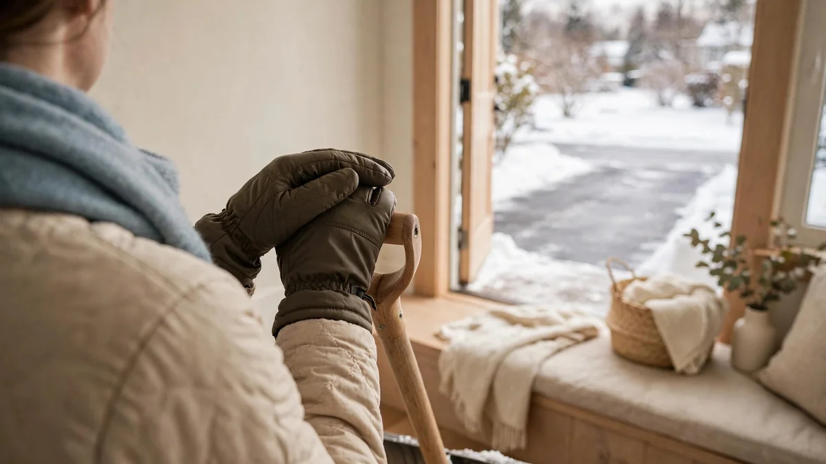A person's gloved hands resting on the handle of a snow shovel beside a neatly cleared driveway in winter