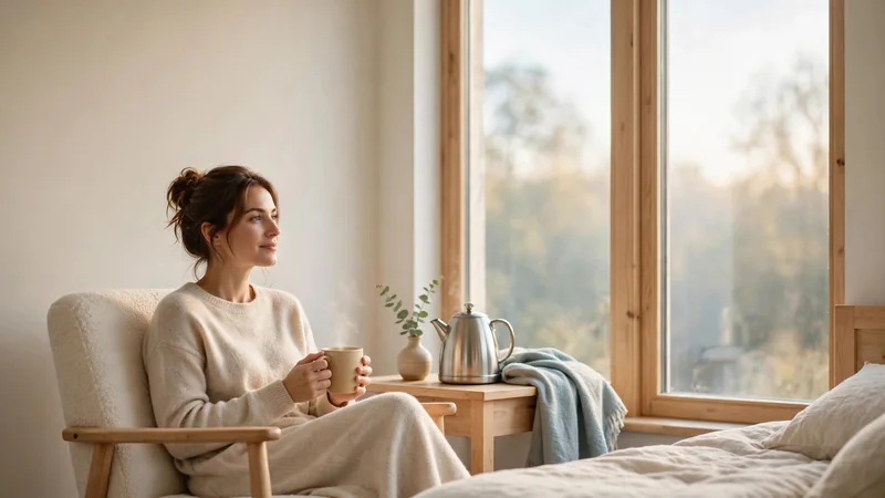 A person sitting in a sunny armchair beside a window, with a warm mug on a side table
