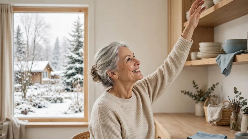A smiling older adult seated in a bright kitchen, lifting one arm toward a high shelf