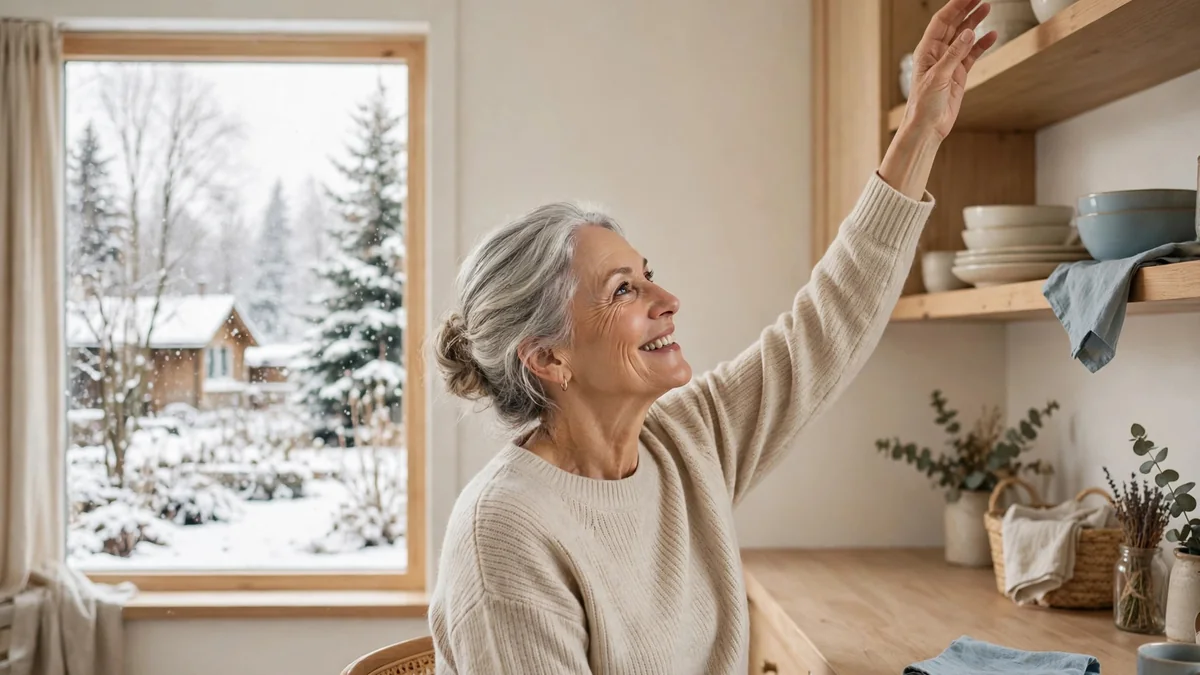 A smiling older adult seated in a bright kitchen, lifting one arm toward a high shelf
