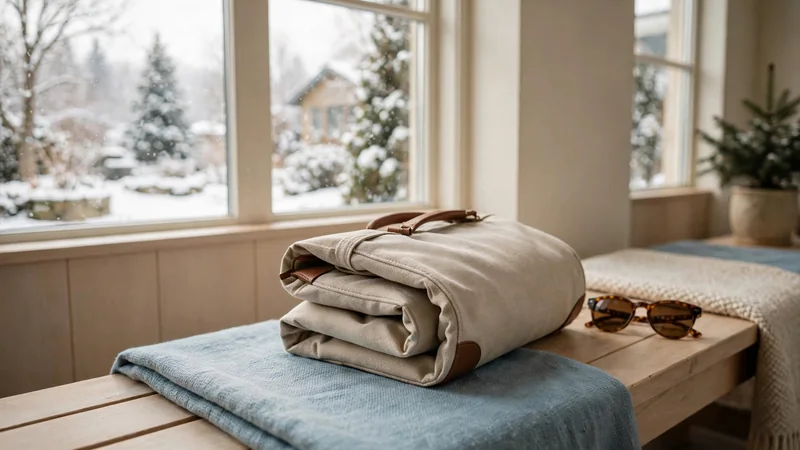 A folded travel bag and a pair of sunglasses on a bench beside a sunny window