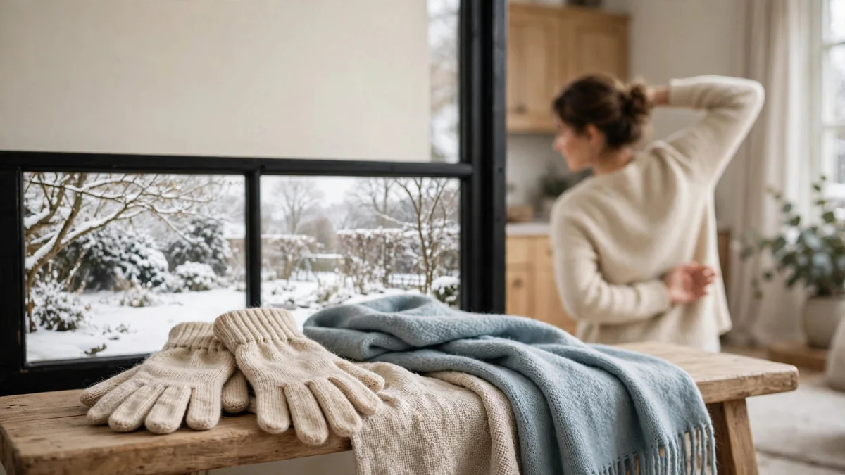 A pair of warm gloves and a scarf on a wooden bench in a snowy garden