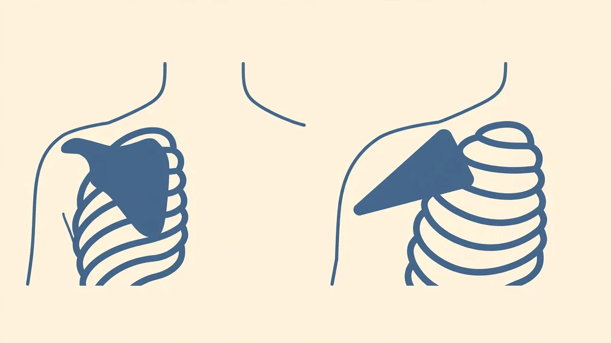 A flat slate-blue illustration on cream comparing a shoulder blade lying flat against a ribcage on the left with a shoulder blade tilted forward away from the ribs on the right.