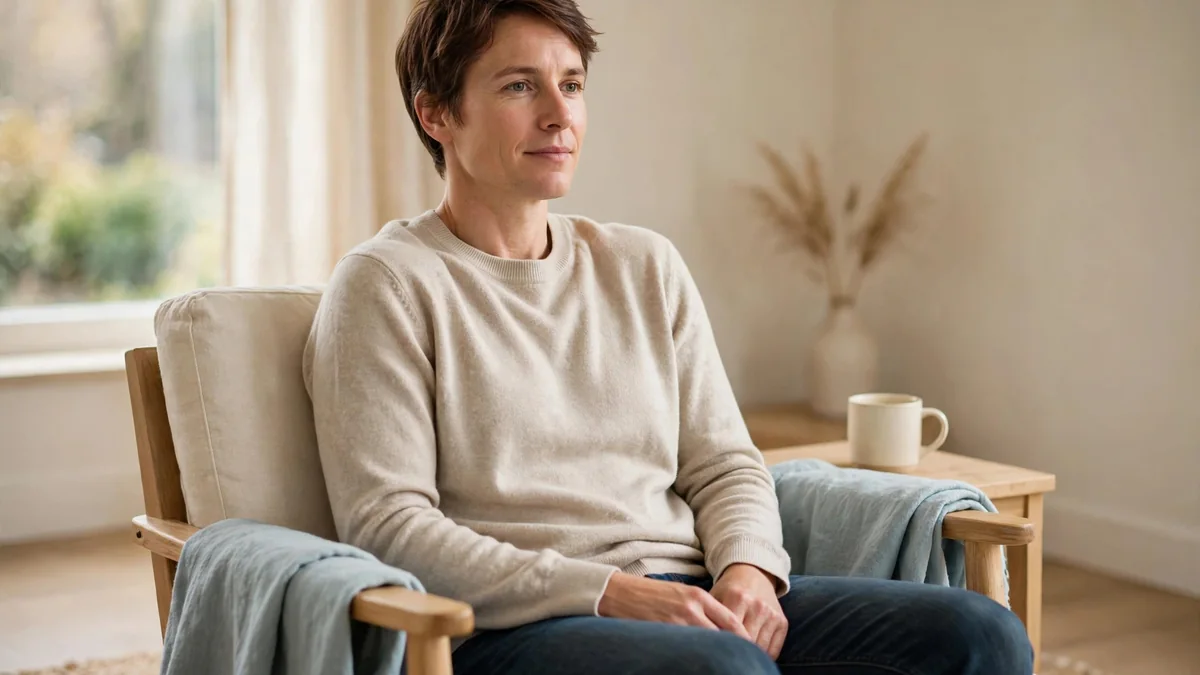 A woman sits upright in an armchair with empty hands resting in her lap, a sky-blue throw beside her.