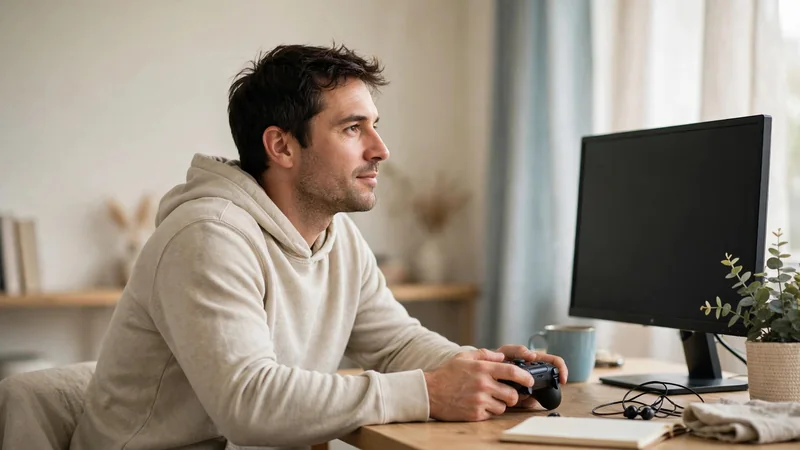 A gamer's hands resting loosely on a controller beside a desk with a monitor
