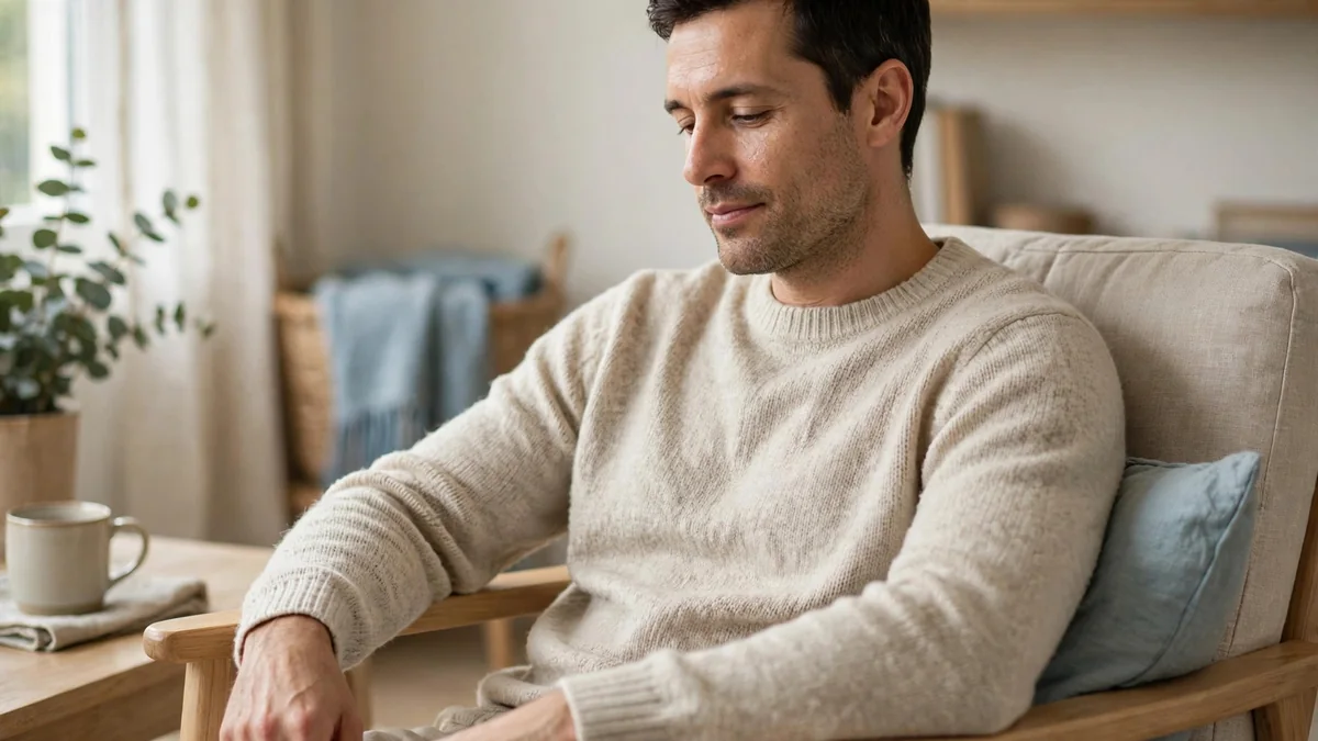 A man reclines in an armchair with empty hands, serene expression, sky-blue pillow and mug accents in the background.
