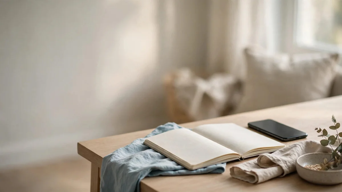 An open blank notebook and a phone on a wooden table in soft daylight, with a quiet chair in the background.