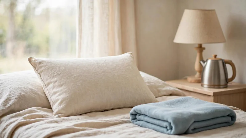 A firm pillow and folded blanket arranged on a made bed beside a bedside lamp