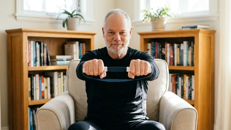 Van, founder of ShoulderBack Pro, seated in a cream armchair holding the trainer at chest height