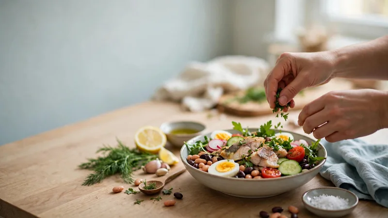 A bowl of mixed foods on a kitchen counter, including eggs, beans, fish and vegetables, in soft daylight