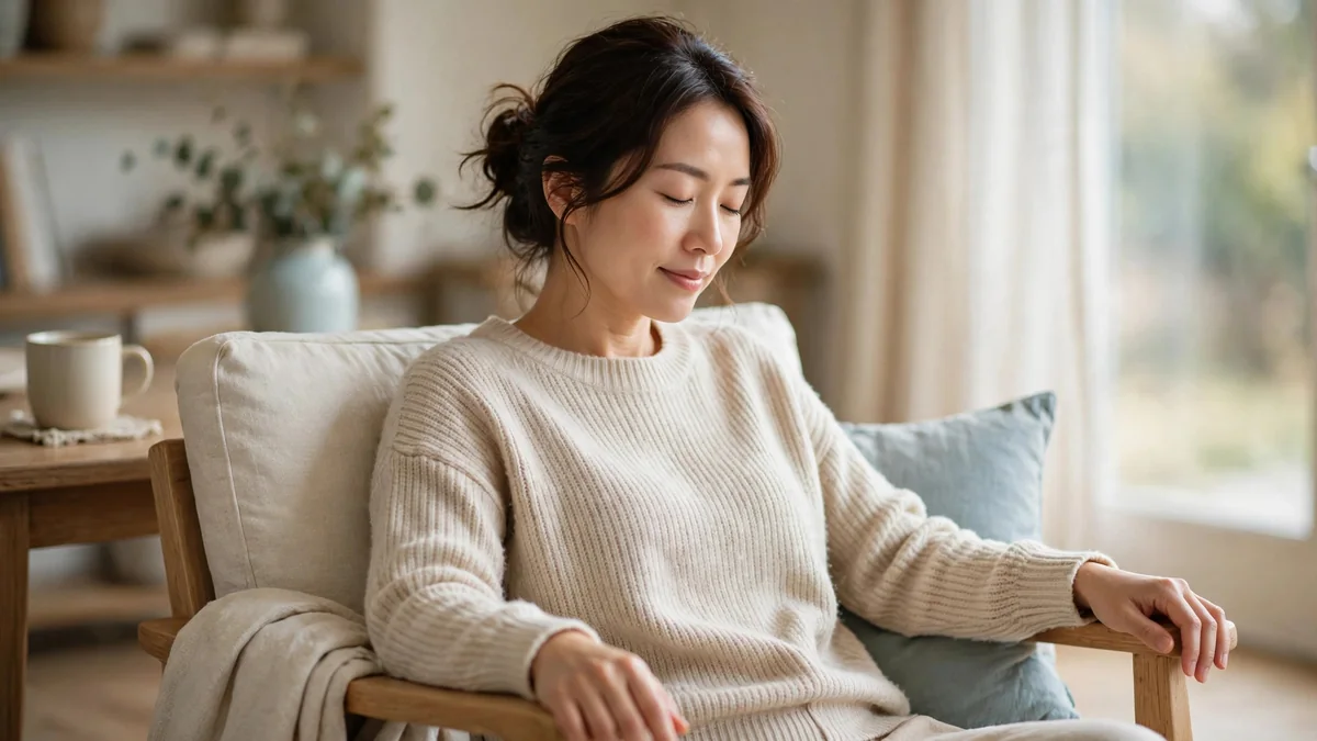 A woman rests peacefully in an armchair with eyes closed, hands empty on the armrests, soft daylight and sky-blue accents.