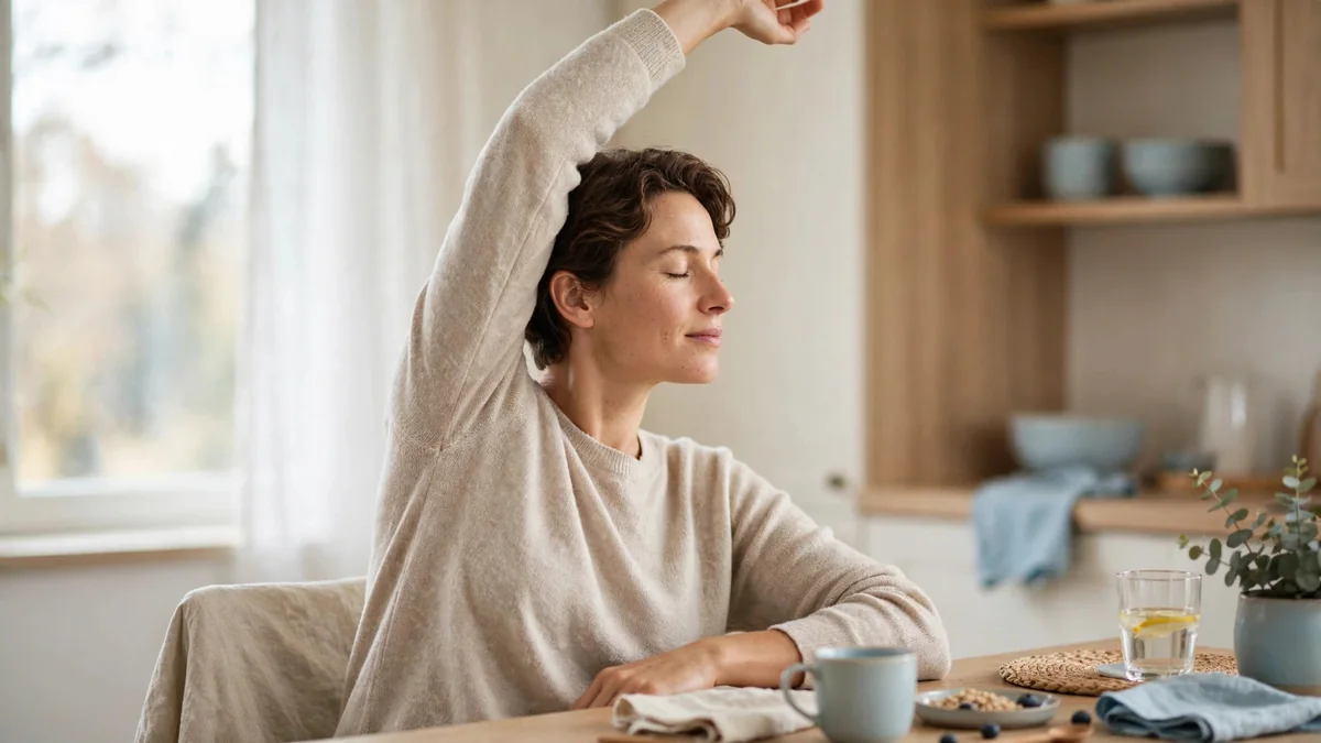 A person sitting at a kitchen table stretching gently, with one arm reaching overhead and the back relaxed, in bright daylight