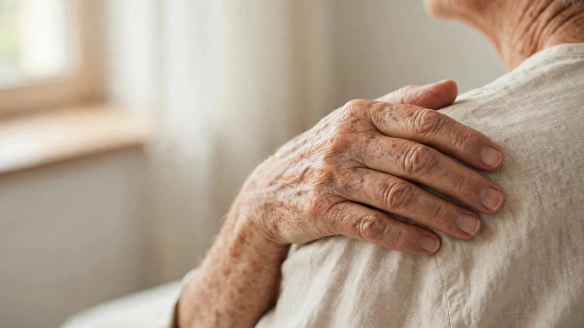 A close view of an older adult's hand resting gently on their own shoulder at home, in soft natural light beside a window.