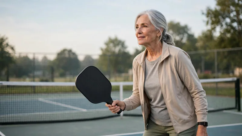 An older adult on an outdoor pickleball court holding a paddle ready to play, with the net and court lines visible in daylight