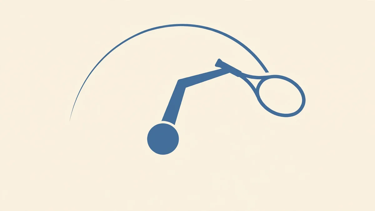 A flat slate-blue illustration on cream showing a simplified arm pivoting from a circular shoulder point, holding a racket beneath a wide overhead swing arc.