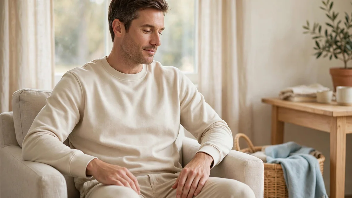 A man sits in an armchair with hands resting empty on his knees, a woven basket with a sky-blue blanket nearby.