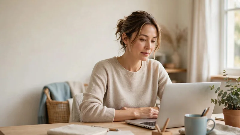 A person at a desk with a laptop, sitting upright with relaxed shoulders and forearms resting on the desk, in a bright home office