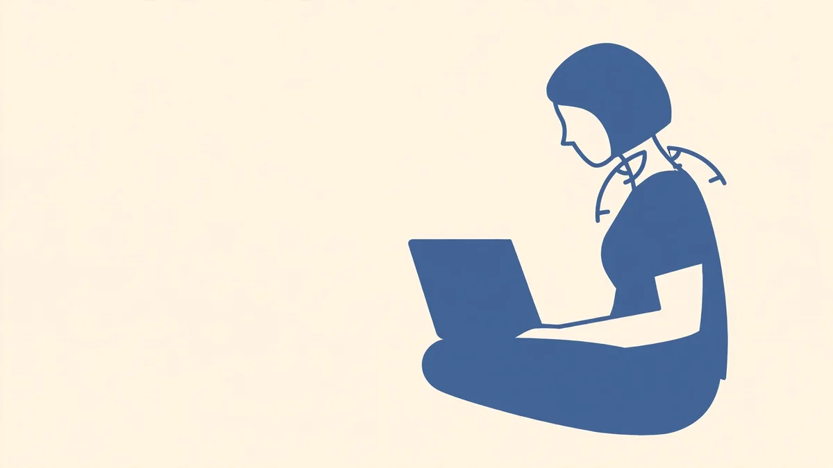 A flat slate-blue illustration on cream showing a person sitting in profile using a laptop, with small arc marks indicating the angles at the neck and shoulder.