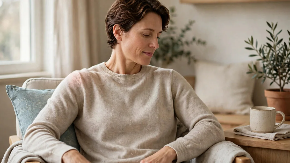 A woman reclines in an armchair with empty hands, a sky-blue cushion behind her, calm home setting with natural light.