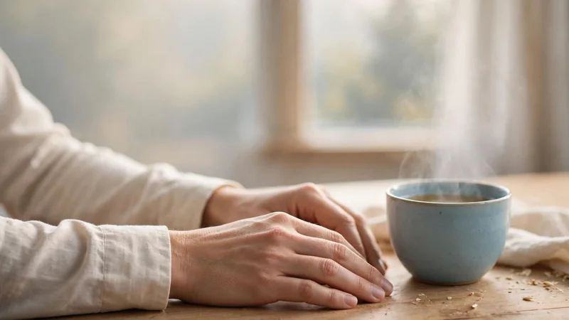 A pair of hands resting on a wooden table near a window, in soft morning light.
